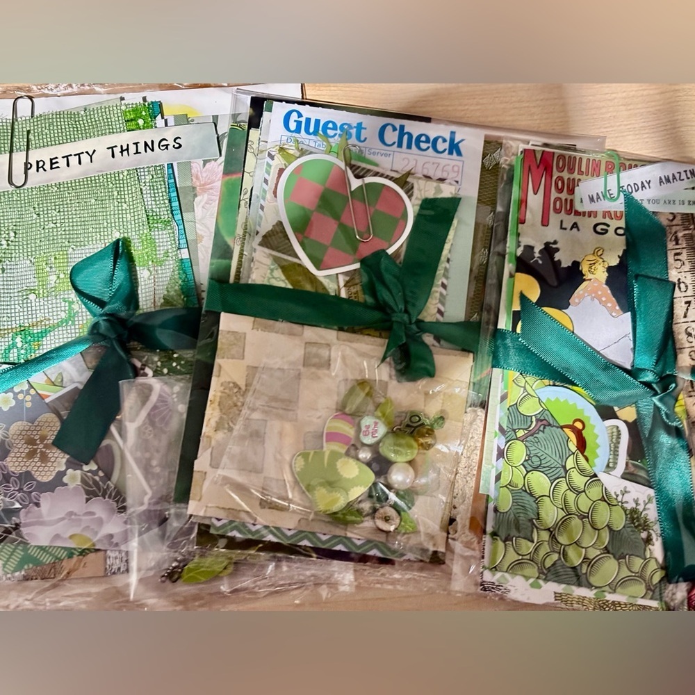 Green Junk journal scrapbook mystery scrap cut supplies ephemera beads collage